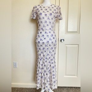 Shabby Chic Ivory Purple Floral Cottagecore Lace Midi Dress Size Small